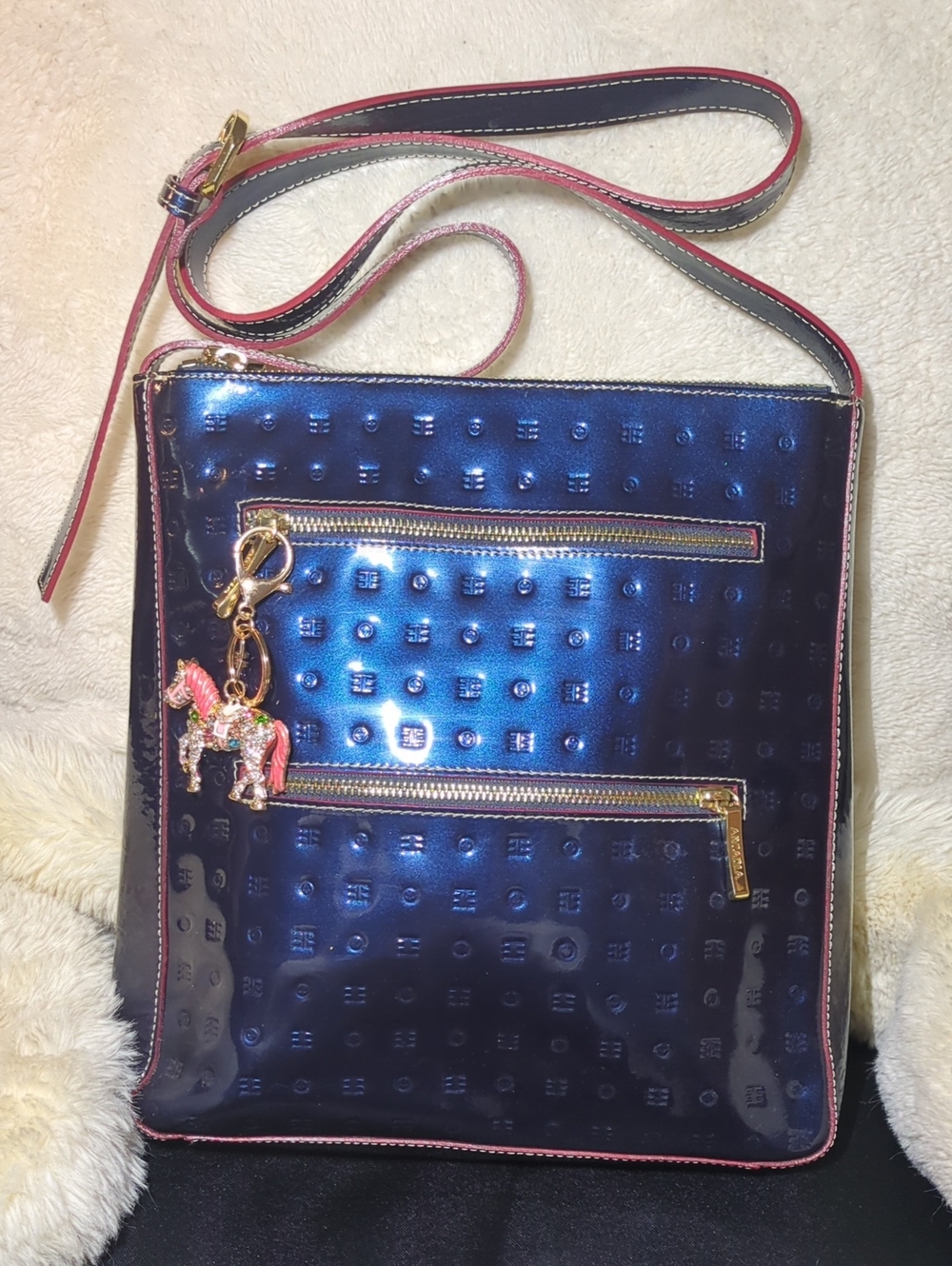 Arcadia Metallic Navy Crossbody with Pink Trim & Gold Hardware EUC NOW ONLY $100